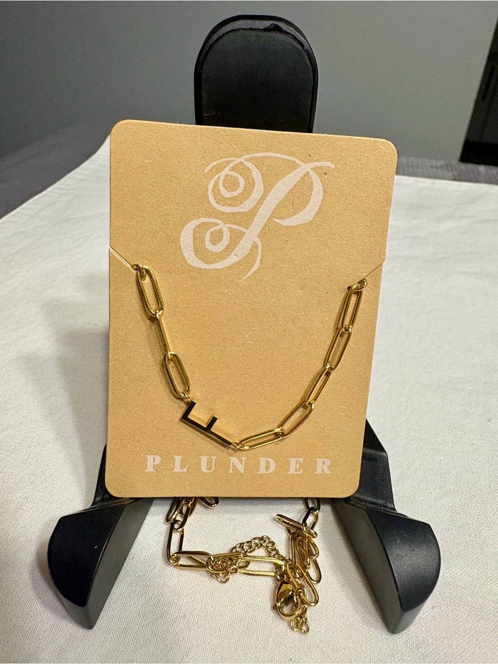 Plunder Gold-Toned Paperclip Necklace with Letter F Charm
